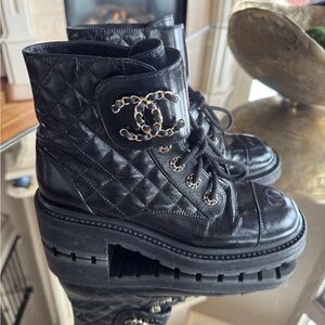 CHANEL Black Quilted Combat Boots Size 37